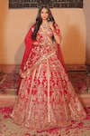 Buy_Amaltas Couture_Red Silk, Organza, Net Sequins, Zari Round Neck Bridal Lehenga Set _at_Aza_Fashions