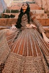 Amaltas Couture_Rust Organza Embroidery, Zari Round Neck Brown Zardozi Lehenga Set _at_Aza_Fashions