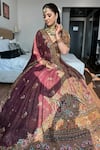 Amaltas Couture_Wine Zari, Beads, Embroidery, Patchwork V-neck Zardozi Lehenga Set _Online