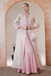 Buy_Surabhi Arya_Ivory Tissue, Organza Embroidery, Sequins Round Pink Anarkali With Jacket Set _at_Aza_Fashions