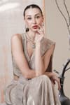 Shop_Surabhi Arya_Silver Beads V-neck Metallic Pre-draped Saree Set _Online_at_Aza_Fashions