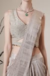 Buy_Surabhi Arya_Silver Beads V-neck Metallic Pre-draped Saree Set 