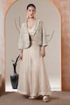 Buy_Surabhi Arya_Gold Tissue Beads, Sequins, Embroidery V-neck, Open Beige Jacket And Sharara Set _Online_at_Aza_Fashions