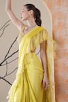 Shop_Surabhi Arya_Yellow Satin Beads Scoop Neck Lime Pre-draped Ruffle Saree Set _Online_at_Aza_Fashions