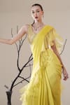 Surabhi Arya_Yellow Satin Beads Scoop Neck Lime Pre-draped Ruffle Saree Set _at_Aza_Fashions