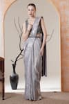 Buy_Surabhi Arya_Silver Sequins, Embroidery, Beads V-neck Pre-draped Saree Set _at_Aza_Fashions