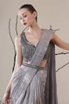 Surabhi Arya_Silver Sequins, Embroidery, Beads V-neck Pre-draped Saree Set _Online_at_Aza_Fashions