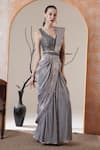 Buy_Surabhi Arya_Silver Sequins, Embroidery, Beads V-neck Pre-draped Saree Set _Online_at_Aza_Fashions