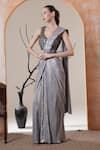 Surabhi Arya_Silver Sequins, Embroidery, Beads V-neck Pre-draped Saree Set _at_Aza_Fashions
