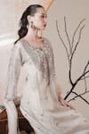 Shop_Surabhi Arya_Silver Organza Sequins, Embroidery Split V-neck Tissue Kurta Set _Online_at_Aza_Fashions