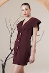 Surabhi Arya_Maroon V-neck Frill Button Dress _Online_at_Aza_Fashions