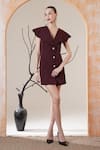 Buy_Surabhi Arya_Maroon V-neck Frill Button Dress _at_Aza_Fashions