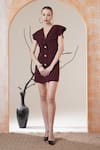 Buy_Surabhi Arya_Maroon V-neck Frill Button Dress _Online_at_Aza_Fashions