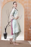 Buy_Surabhi Arya_Sky Blue Chanderi Embroidery, Lace Mandarin Collar Kurta Set 