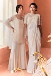 Buy_Summer by Priyanka Gupta_Ivory Chiffon, Georgette, Net Embroidery Square Neck, Round Adena Poncho Saree _Online_at_Aza_Fashions