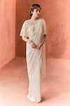 Buy_Summer by Priyanka Gupta_Ivory Chiffon, Georgette, Net Embroidery Square Neck, Round Adena Poncho Saree _at_Aza_Fashions
