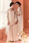 Shop_Summer by Priyanka Gupta_Ivory Chiffon, Georgette, Net Embroidery Square Neck, Round Adena Poncho Saree _Online_at_Aza_Fashions