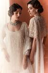 Summer by Priyanka Gupta_Ivory Chiffon, Georgette, Net Embroidery Square Neck, Round Adena Poncho Saree _at_Aza_Fashions