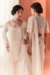Shop_Summer by Priyanka Gupta_Ivory Chiffon, Georgette, Net Embroidery Square Neck, Round Adena Poncho Saree 
