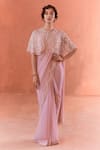 Buy_Summer by Priyanka Gupta_Pink Chiffon, Georgette, Net Embroidery Round Neck Adena Poncho Saree Set _at_Aza_Fashions