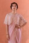 Summer by Priyanka Gupta_Pink Chiffon, Georgette, Net Embroidery Round Neck Adena Poncho Saree Set _Online_at_Aza_Fashions