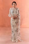 Buy_Summer by Priyanka Gupta_Ivory Organza, Lace Sequins, Embroidery Round Neck Hydrengea Saree And Blouse _at_Aza_Fashions