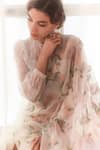 Shop_Summer by Priyanka Gupta_Ivory Organza, Lace Sequins, Embroidery Round Neck Hydrengea Saree And Blouse _Online_at_Aza_Fashions