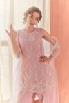 Shop_Summer by Priyanka Gupta_Pink Georgette, Net Sequins, Embroidery Round Neck A-line Kurta Set _Online_at_Aza_Fashions
