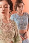 Shop_Summer by Priyanka Gupta_Cobalt Net, Georgette Beads, Embroidery Round Citrus Blue Amaria Lehenga Set 