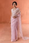 Buy_Summer by Priyanka Gupta_Pink Organza, Georgette Sequins, Embroidery V-neck Sparrow Saree Set _at_Aza_Fashions