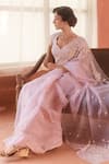 Summer by Priyanka Gupta_Pink Organza, Georgette Sequins, Embroidery V-neck Sparrow Saree Set _Online_at_Aza_Fashions