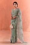 Buy_Summer by Priyanka Gupta_Green Organza Sequins, Embroidery Round Neck Wild Rose Dori Saree Set _at_Aza_Fashions