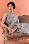Summer by Priyanka Gupta_Blue Georgette Sequins, Embroidery V-neck Adenna Rays Saree Set _at_Aza_Fashions