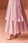 Summer by Priyanka Gupta_Pink Georgette, Net Embroidery, Sequins V-neck Garden Anarkali Set _at_Aza_Fashions
