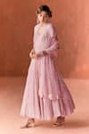 Buy_Summer by Priyanka Gupta_Pink Georgette, Net Embroidery, Sequins V-neck Garden Anarkali Set _at_Aza_Fashions