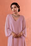 Summer by Priyanka Gupta_Pink Georgette Embroidery V-neck Bow Co-ord Kurta Set _Online_at_Aza_Fashions