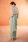Summer by Priyanka Gupta_Teal Chiffon, Georgette, Net Embroidery Round Neck Adena Poncho Saree Set _Online_at_Aza_Fashions