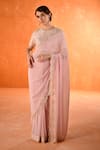Buy_Summer by Priyanka Gupta_Pink Georgette Embroidery, Sequins Round Neck Chandelier Saree Set _at_Aza_Fashions
