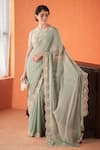 Summer by Priyanka Gupta_Green Georgette Embroidery Round Neck Chandelier Saree Set _at_Aza_Fashions