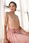Summer by Priyanka Gupta_Pink Georgette, Net Embroidery Round Neck Chandelier Dress With Overlay Top _at_Aza_Fashions