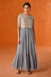 Summer by Priyanka Gupta_Blue Georgette, Net Embroidery Round Neck Chandelier Dress With Overlay _at_Aza_Fashions
