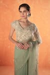 Shop_Summer by Priyanka Gupta_Teal Organza, Georgette Embroidery V-neck Sparrow Saree Set _Online_at_Aza_Fashions