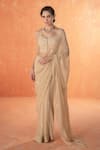 Buy_Summer by Priyanka Gupta_Beige Chiffon, Georgette Embroidery Round Neck Dandelion Saree Set _at_Aza_Fashions