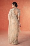 Summer by Priyanka Gupta_Beige Organza Sequins, Beads, Embroidery V-neck Wild Rose Dori Saree Set _Online_at_Aza_Fashions