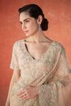 Buy_Summer by Priyanka Gupta_Beige Organza Sequins, Beads, Embroidery V-neck Wild Rose Dori Saree Set _Online_at_Aza_Fashions