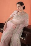 Buy_Summer by Priyanka Gupta_Pink Organza Sequins, Embroidery V-neck Wild Rose Dori Saree With Blouse _Online_at_Aza_Fashions