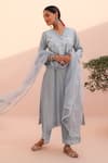 Charu Makkar_Blue Tissue Chanderi Embroidered Kurta Set _Online_at_Aza_Fashions