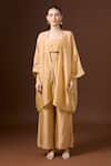 Paulmi and Harsh_Beige Silk Square , Open Layered Crop Top And Pant Set _Online_at_Aza_Fashions