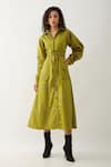 Buy_Son of A Noble Snob_Green Cotton Satin Collared Leaf Pathway Print Midi Dress _at_Aza_Fashions