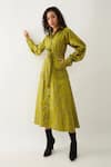Son of A Noble Snob_Green Cotton Satin Collared Leaf Pathway Print Midi Dress _Online_at_Aza_Fashions